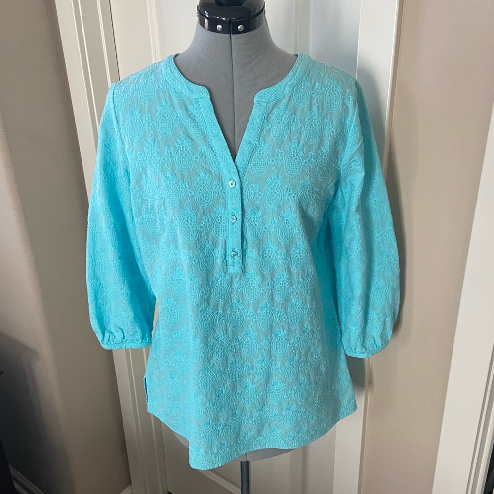Talbots V-neck Popover Blouse, Aqua, Size M